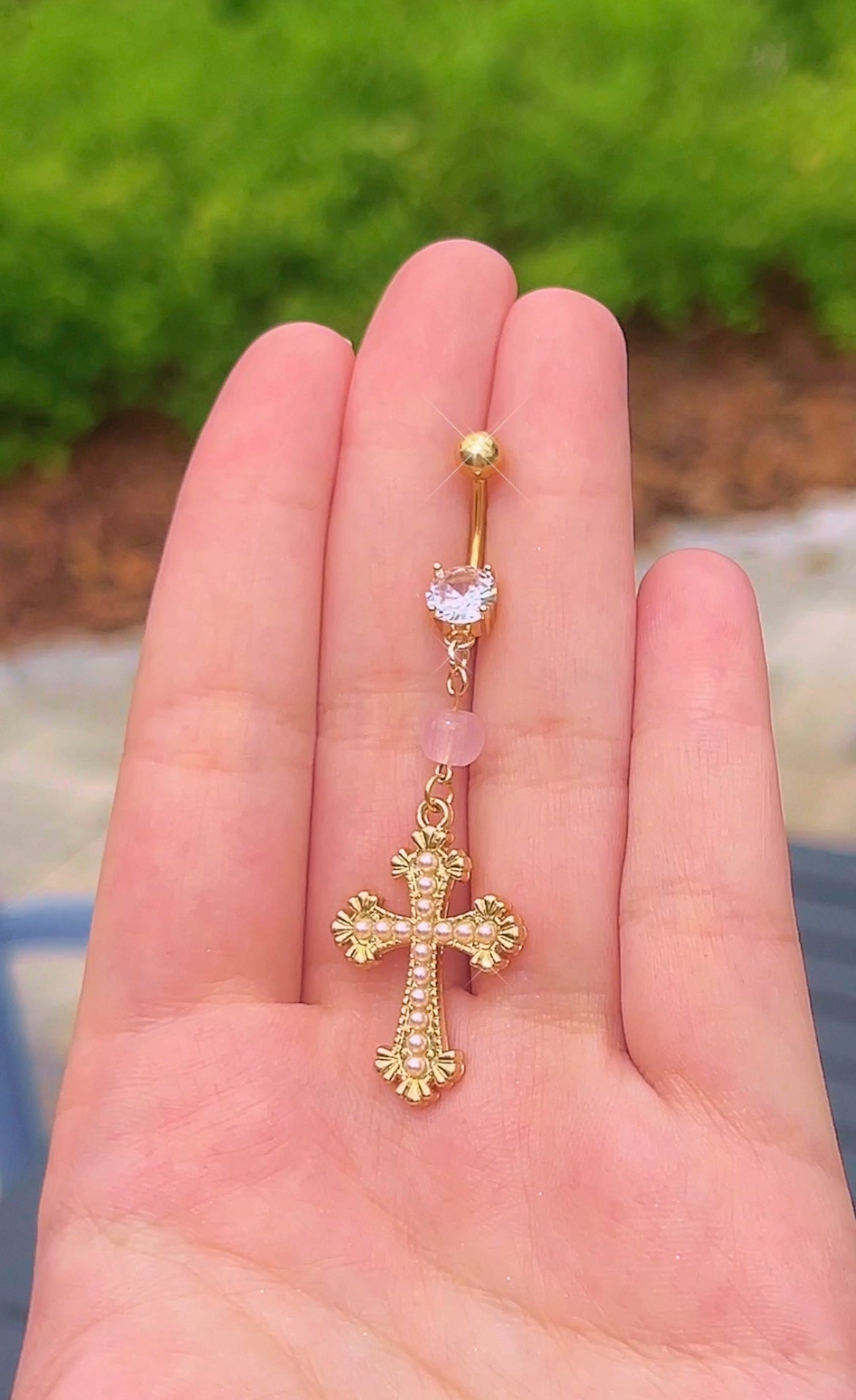 Rosary Pearl Cross Belly Ring