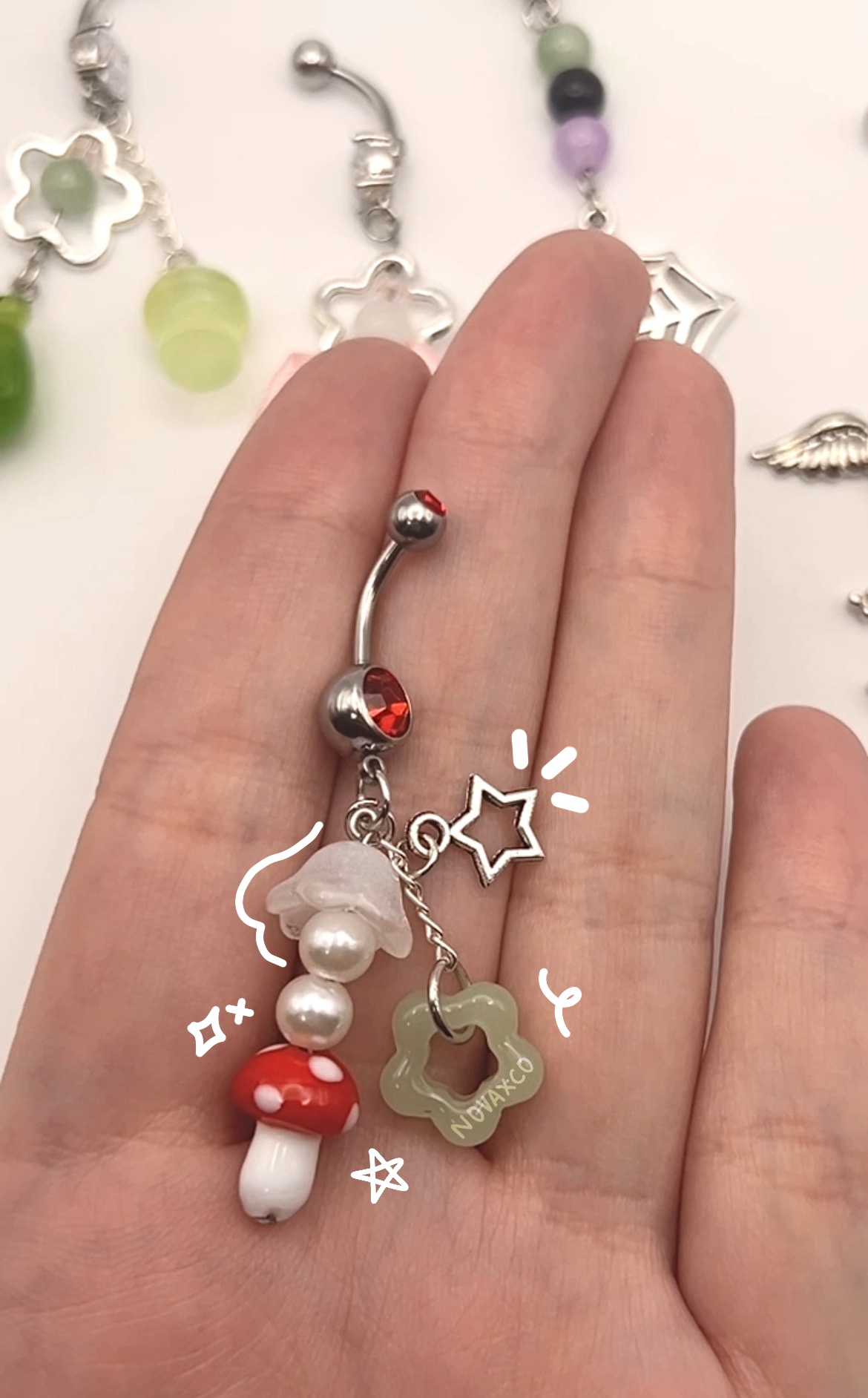 Chunky mushroom dangly belly ring with jade flower and star charm 10mm 14g