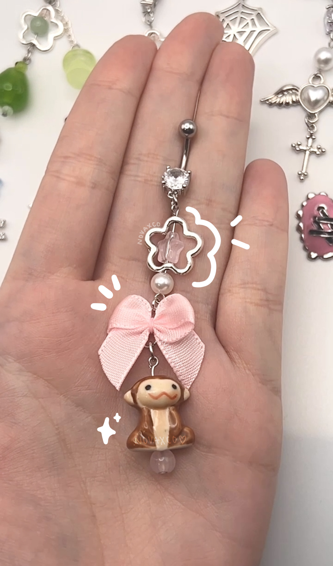 Handmade long dangly belly ring with a cute mushroom charm and a pink bow 10mm 14g