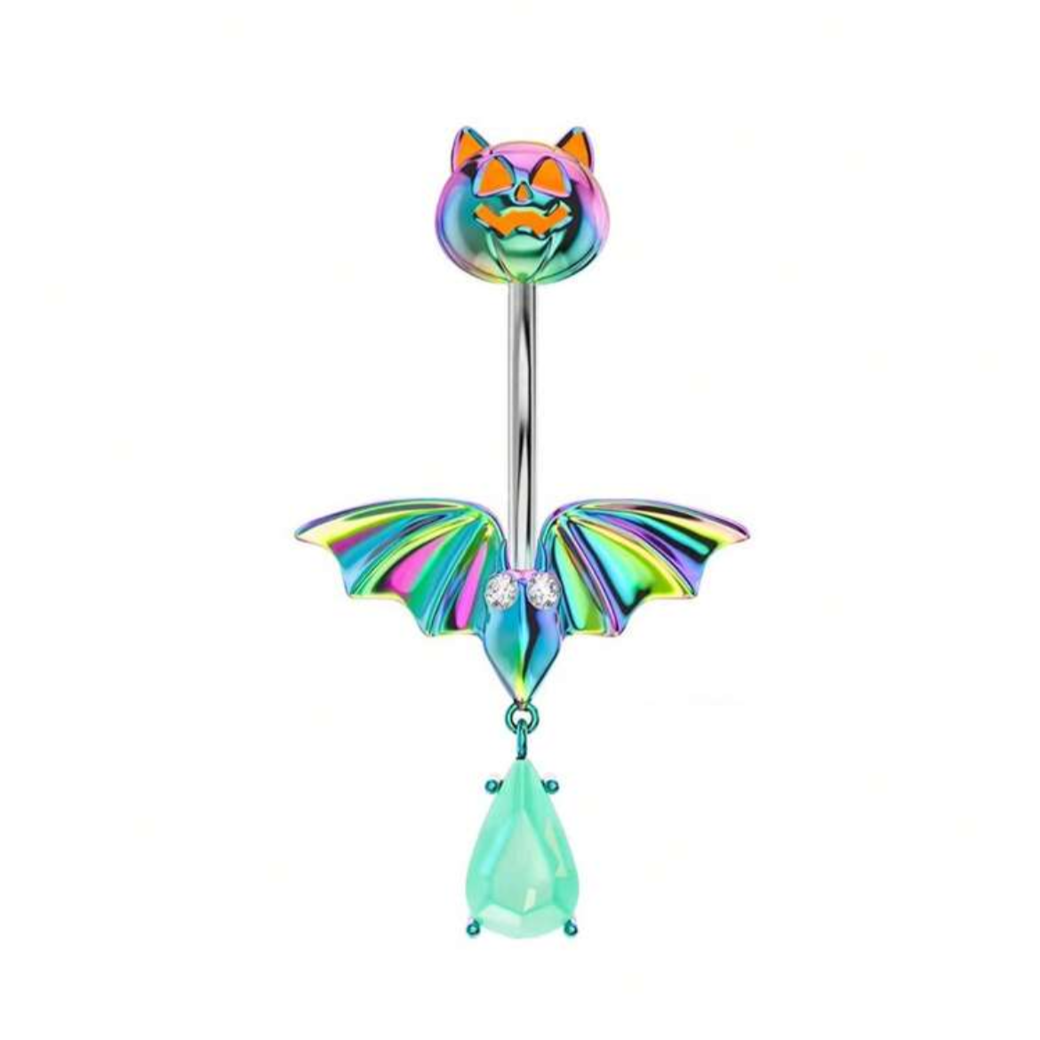 Iridescent halloween belly button ring featuring a bat with a green gemstone dangle and a pumpkin with cat ears top screw.