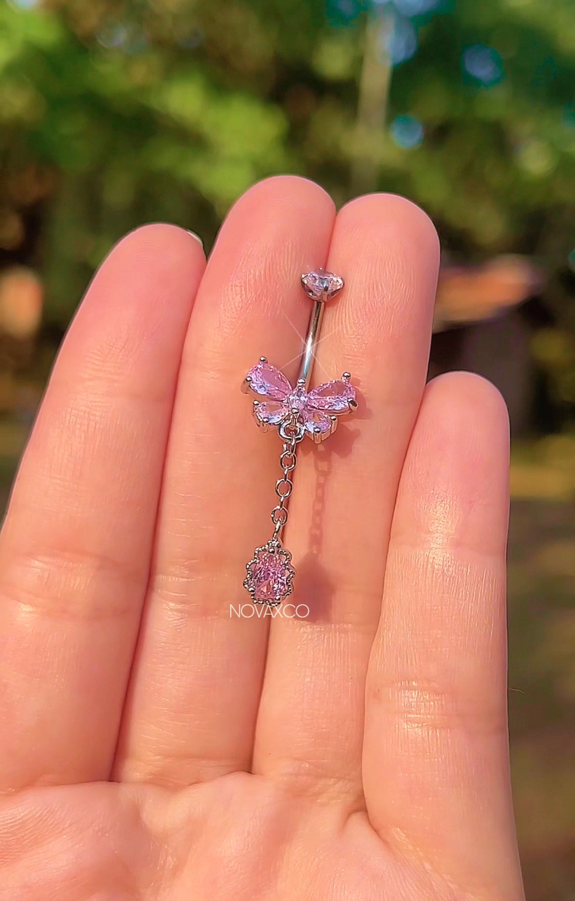 Pink Dangly Butterfly Titanium Belly Ring