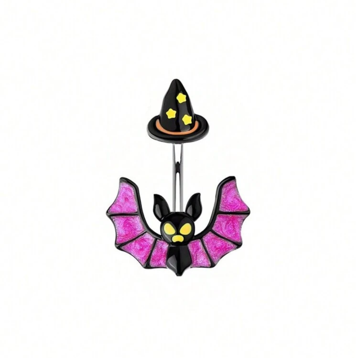 Bat belly button ring with a witch hat. Purple, black, yellow and orange in color.