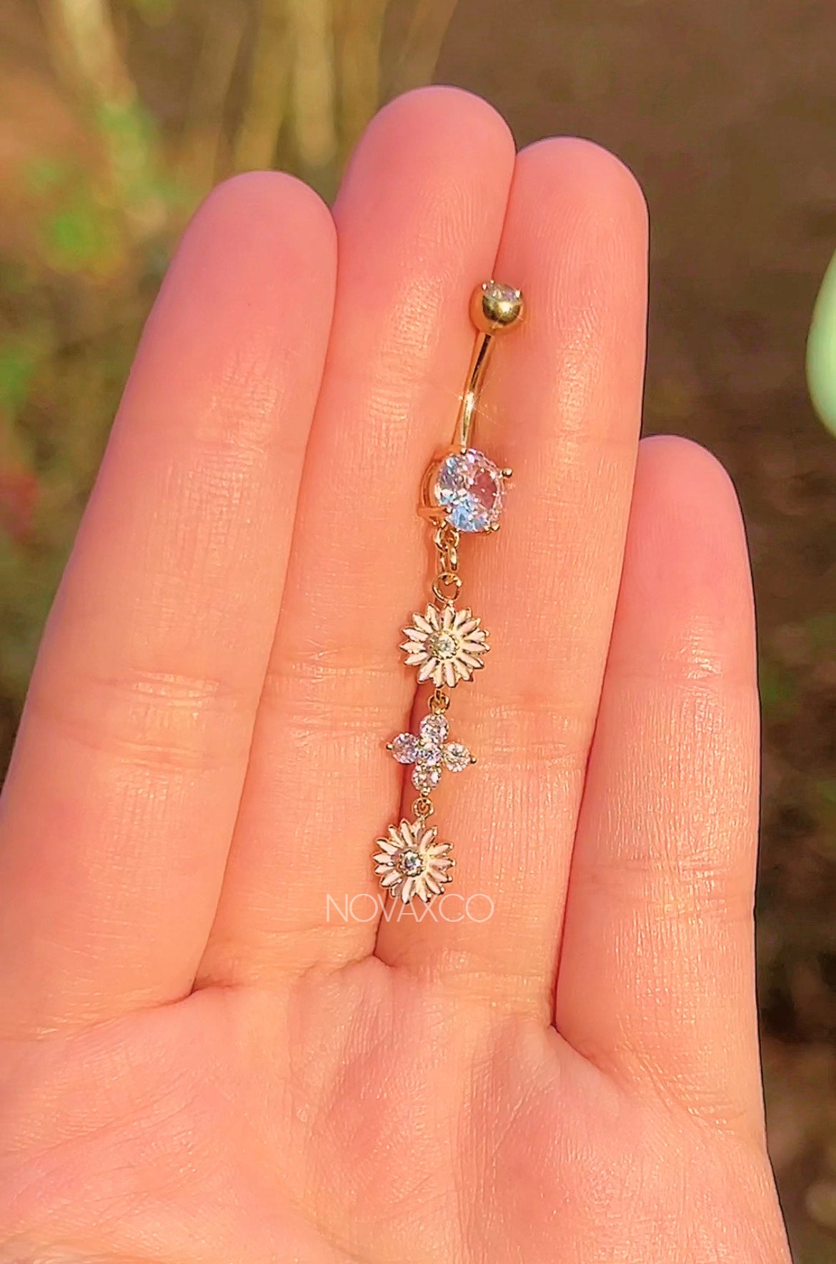 Long flower and clover dangle belly ring