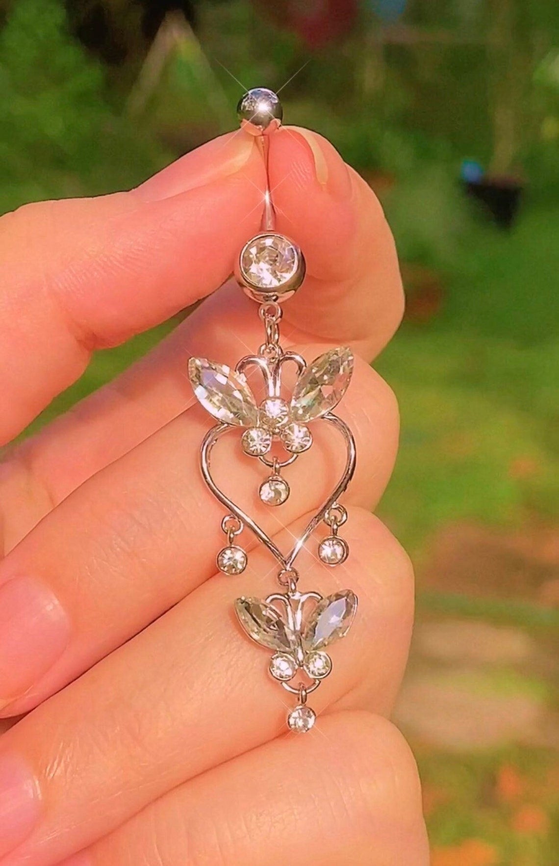 Sparkly Silver Butterfly Dangle Belly Ring