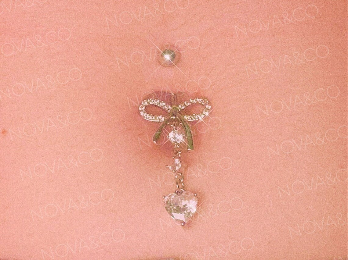 Heart and Bow Dangle Belly Button Ring