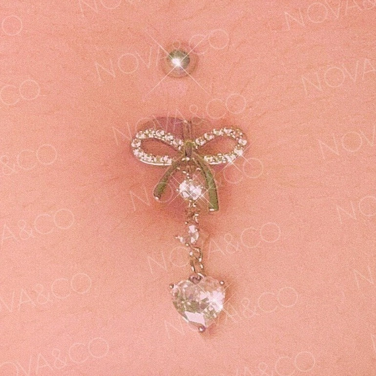 Heart and Bow Dangle Belly Button Ring