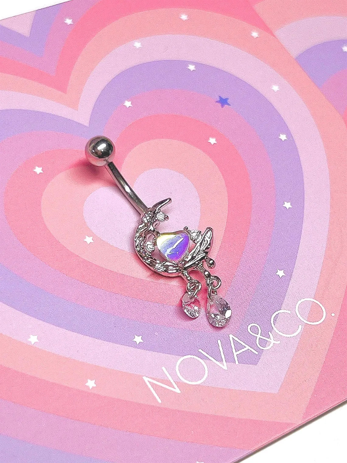 Moonstone heart and moon dangle belly ring