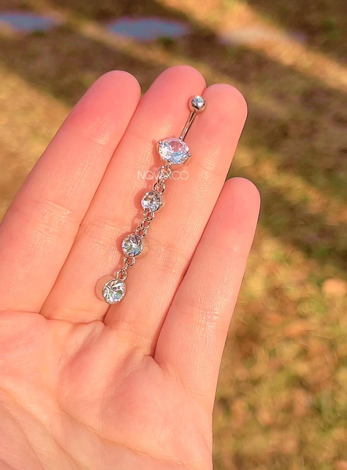 3 tier long sparkly dangle belly ring, another view