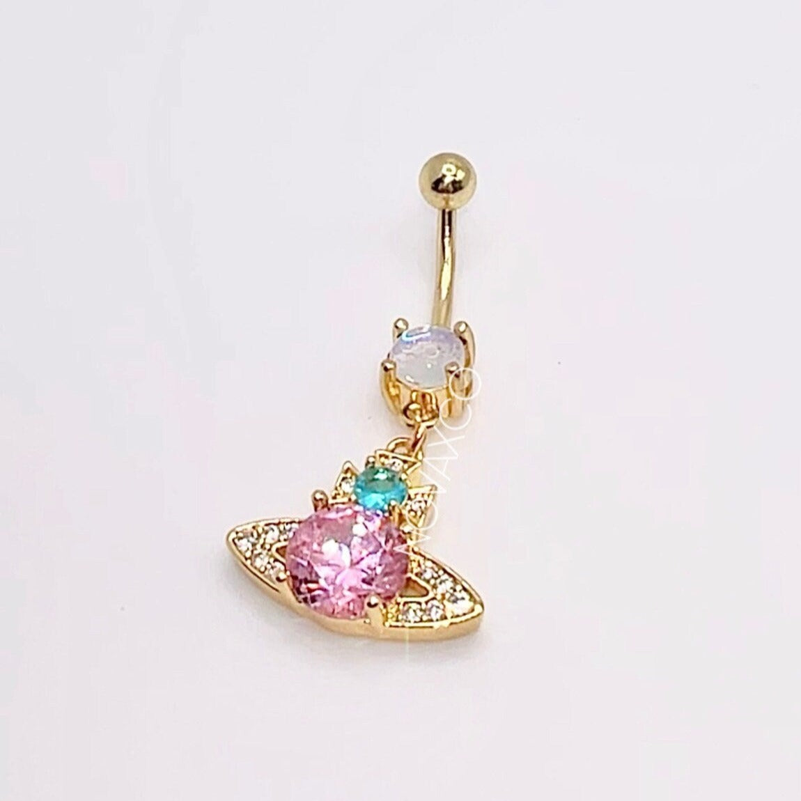 Gold Multicolor CZ Saturn Belly Ring