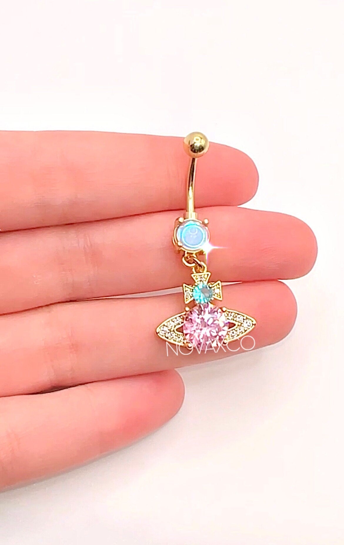 Gold Multicolor CZ Saturn Belly Ring