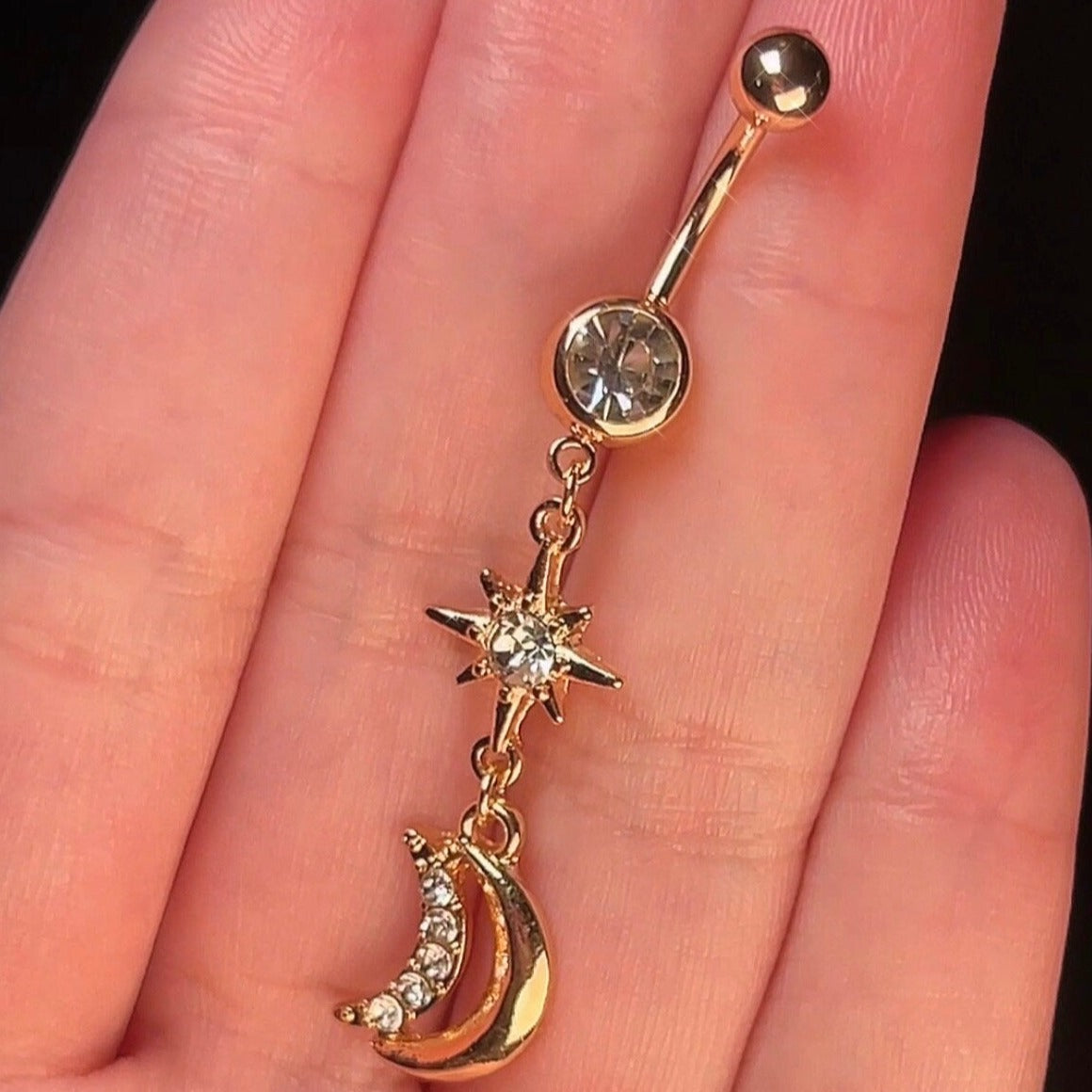 Gold Celestial Moon Dangle Belly Ring