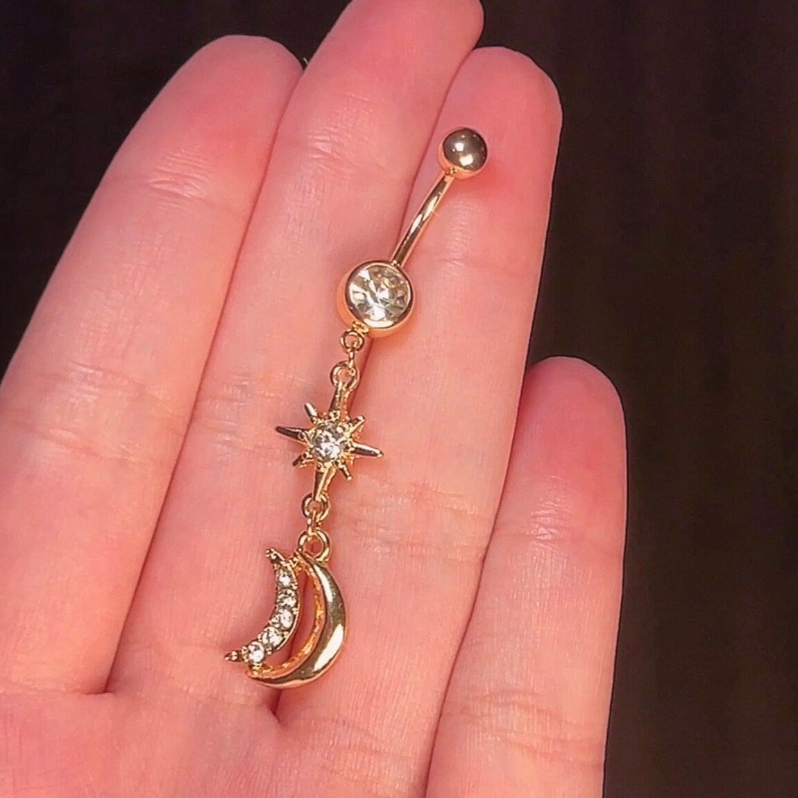 Gold Celestial Moon Dangle Belly Ring