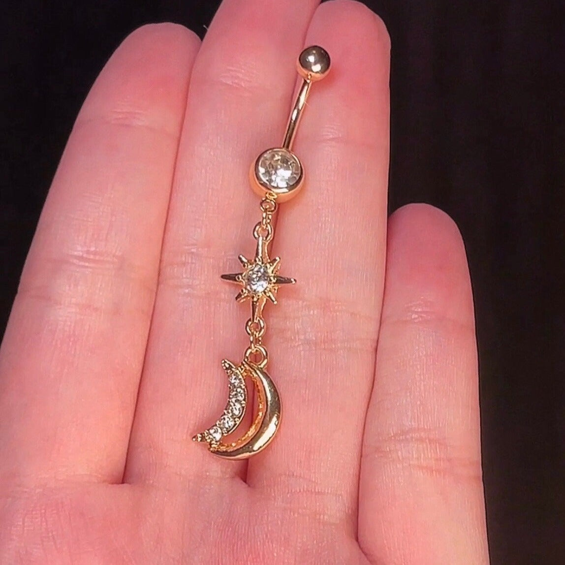 Gold Celestial Moon Dangle Belly Ring