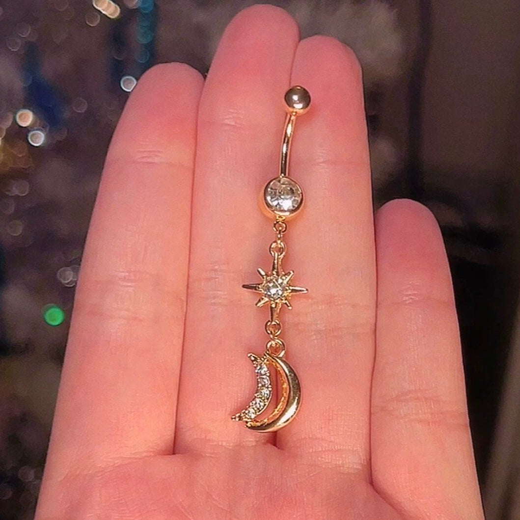 Gold Celestial Moon Dangle Belly Ring