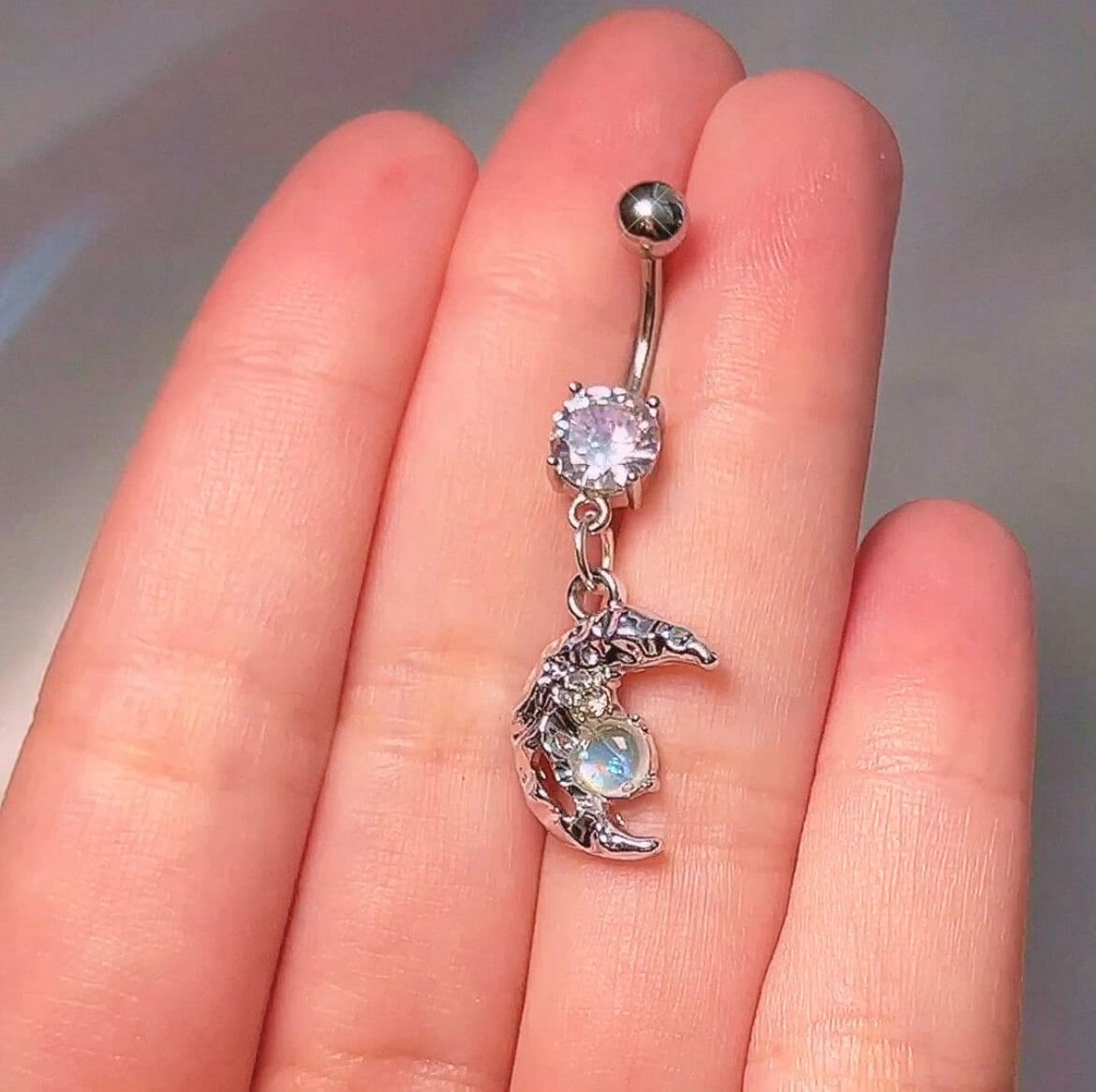 Silver Opal Moon Belly Ring