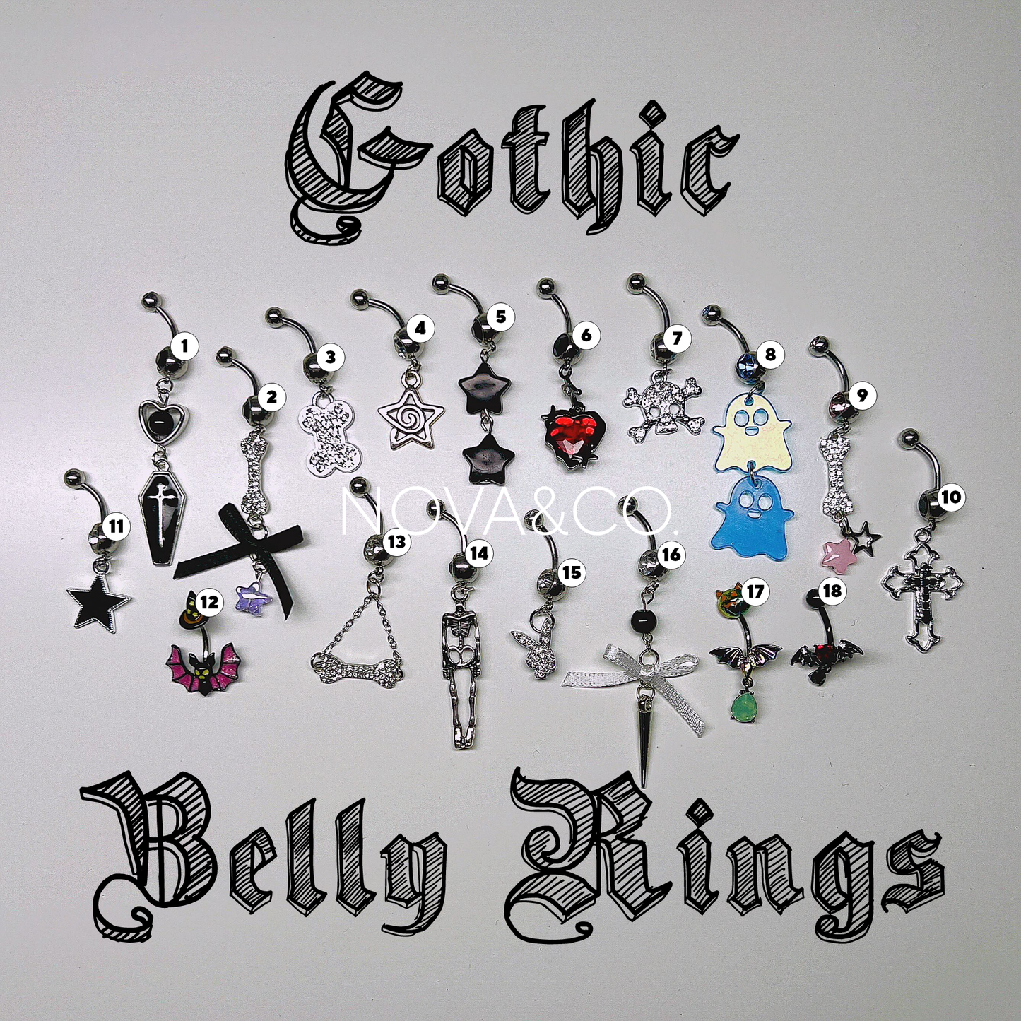 Collection of gothic style alternative belly button rings that are handmade by NOVAXCO