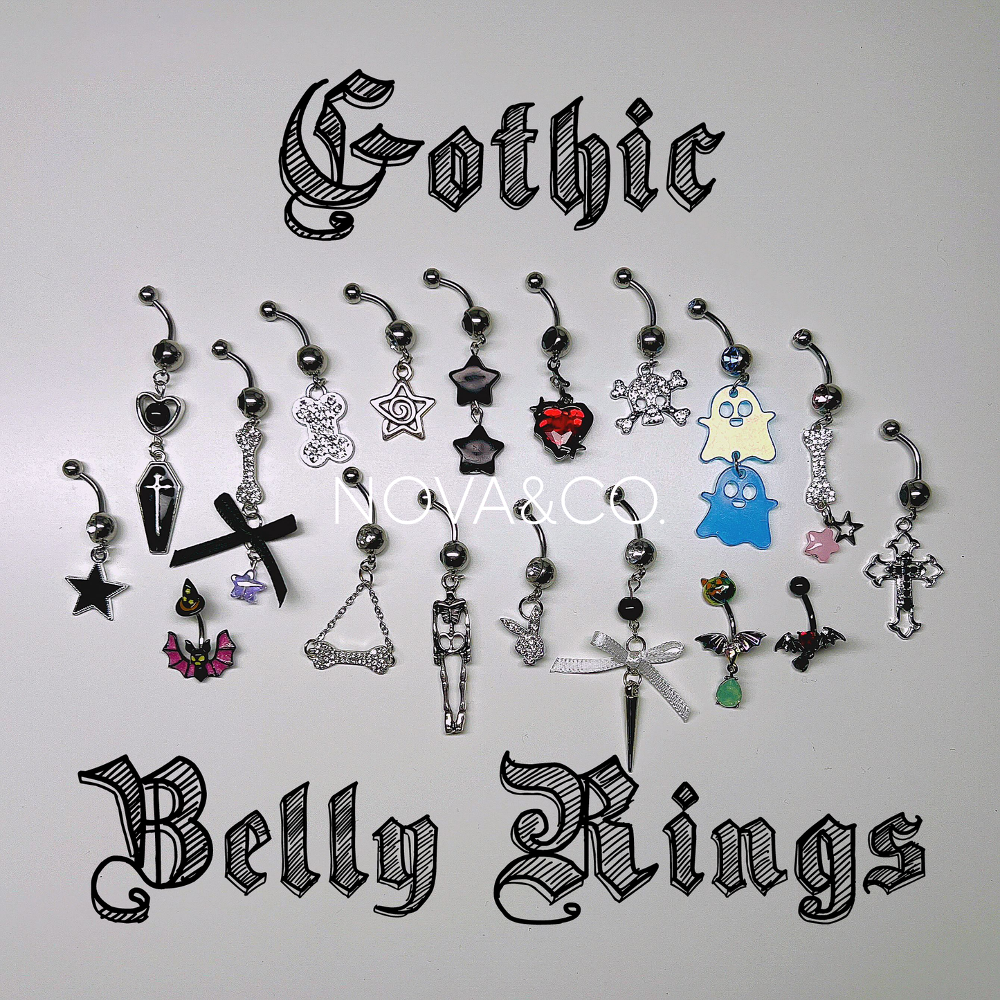 Collection of gothic style alternative belly button rings that are handmade by NOVAXCO. Includes bats, ghosts, bones, coffin, stars, spike, playboy bunny, hearts, stars, bows, and more.