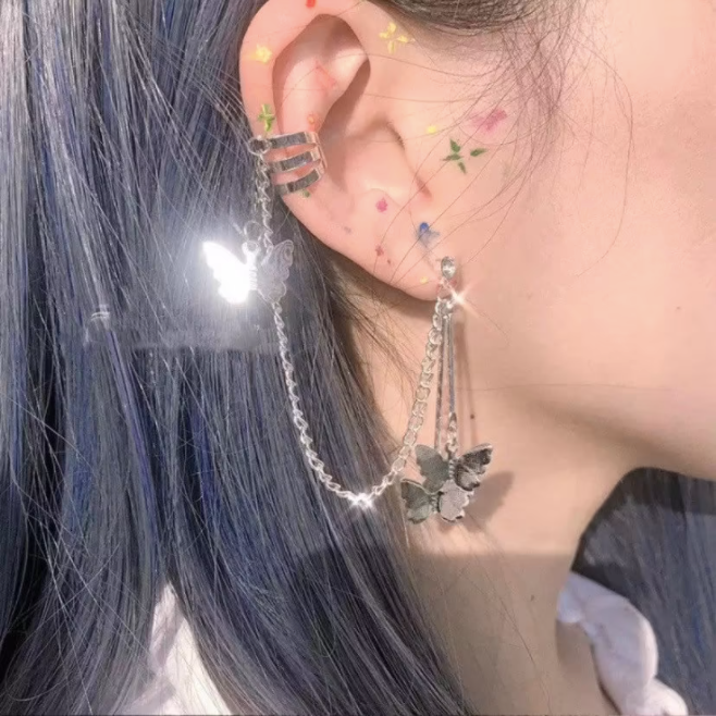 dangly butterfly charm ear cuff and stud