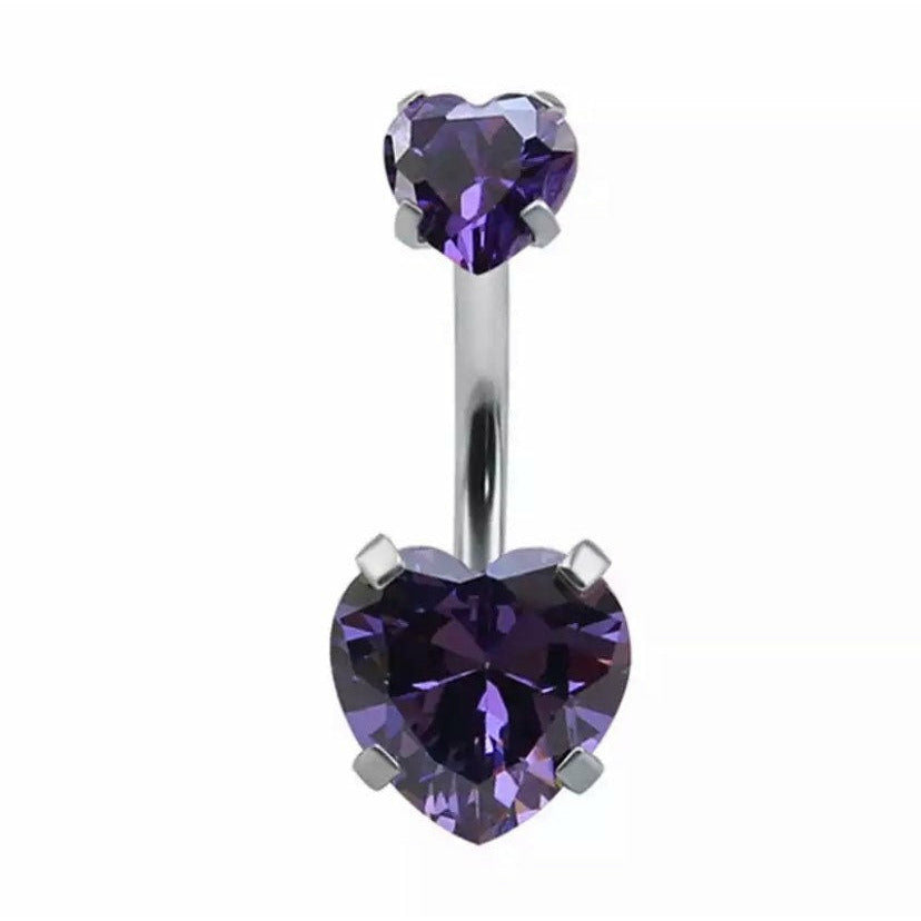 silver and purple double heart belly ring