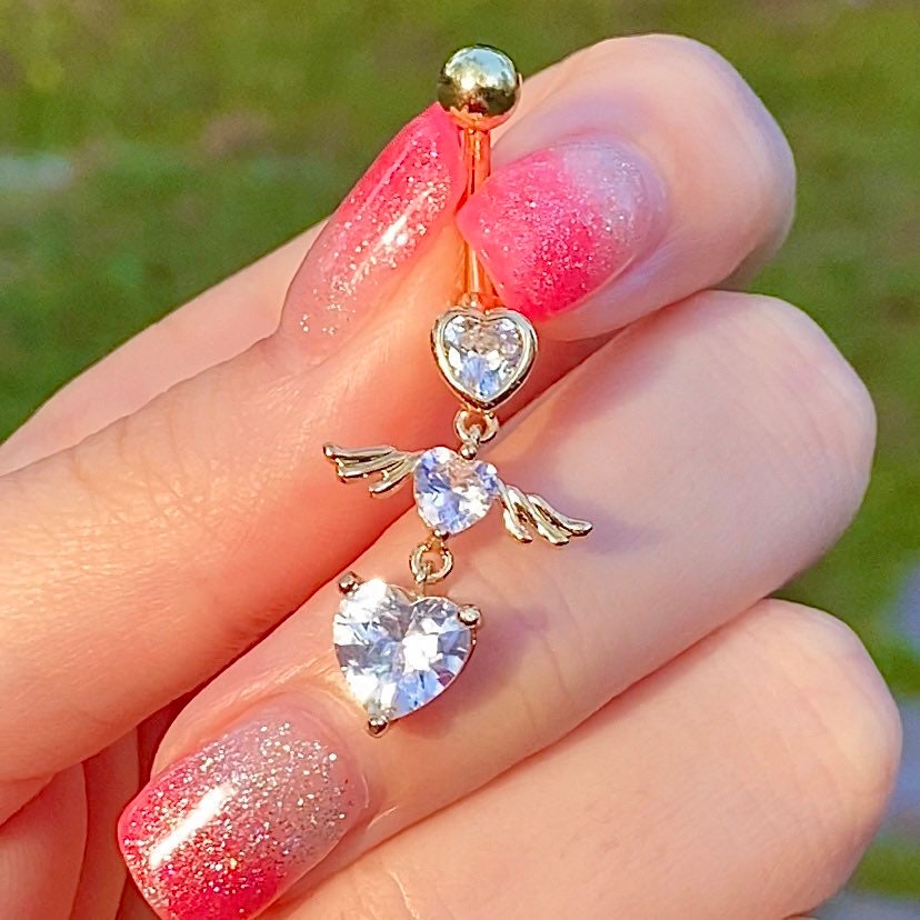 Gold 3 Tier Angel heart belly ring with clear stones