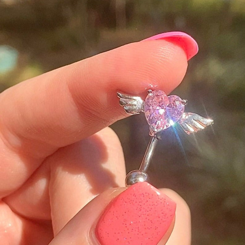 silver upside down heart belly ring with pink stone
