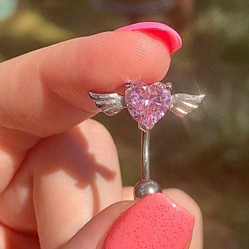 silver upside down heart belly ring with pink stone