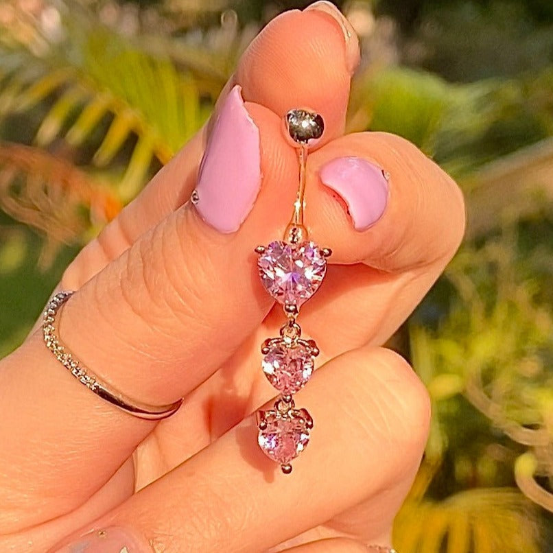 Silver 3 Tier Pink Heart Belly Ring