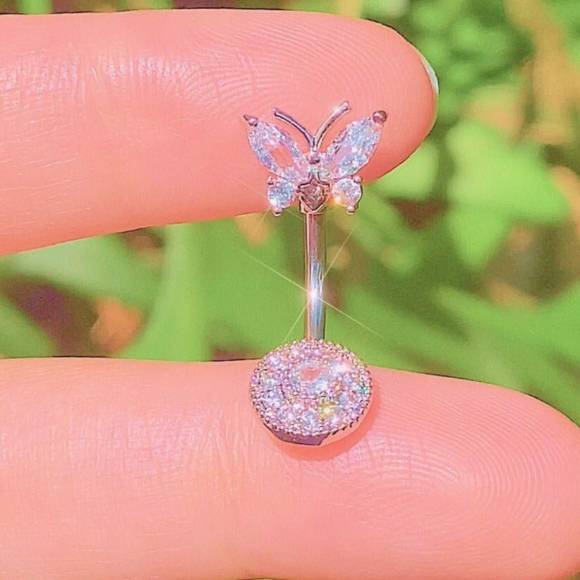 Silver butterfly and circle belly ring