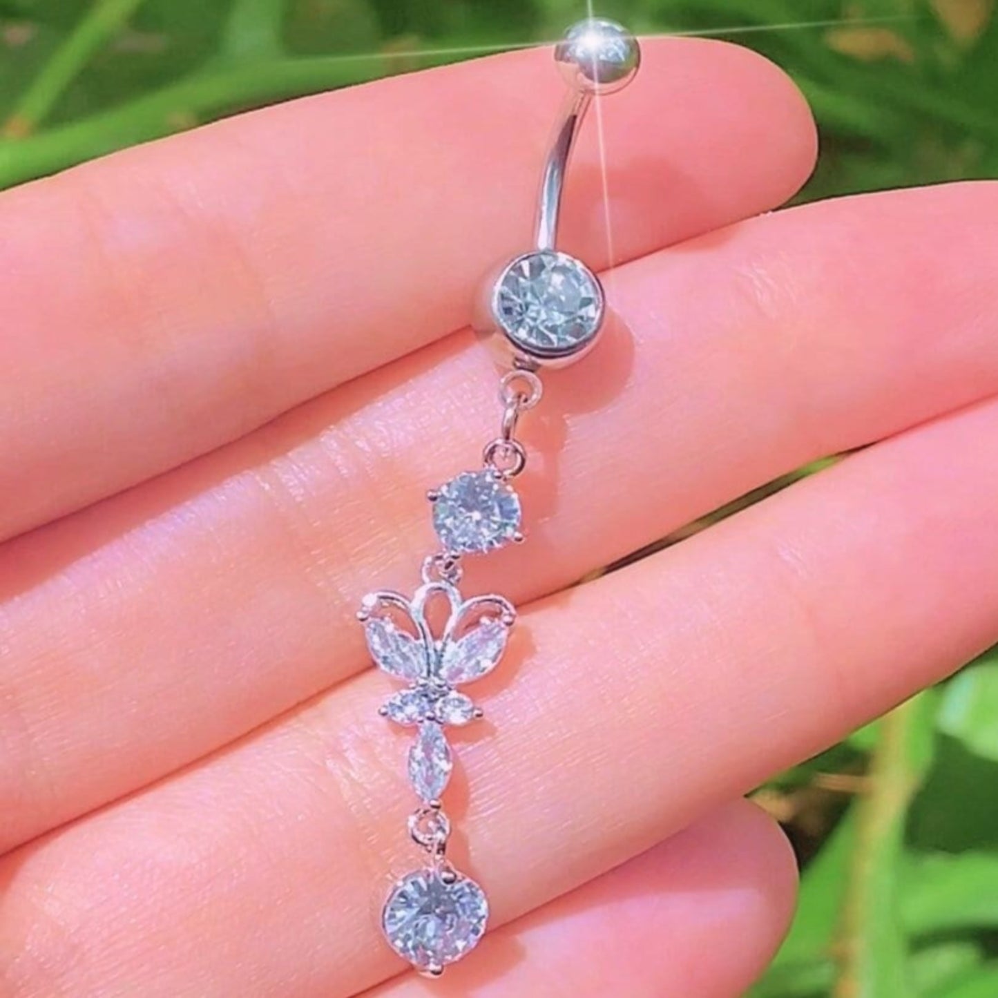 Silver with clear stones dangling butterfly belly ring