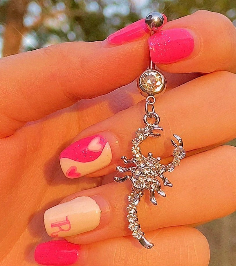Silver with clear stone dangling scorpion belly ring
