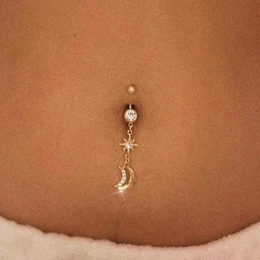 Gold Celestial Moon Dangle Belly Ring