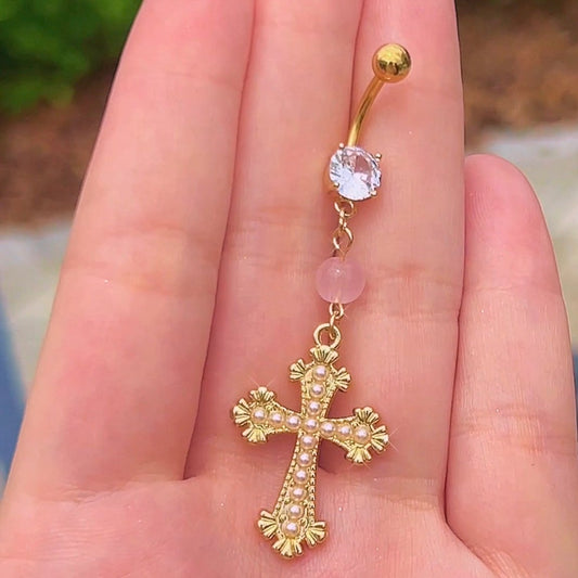 Rosary Pearl Cross Belly Ring