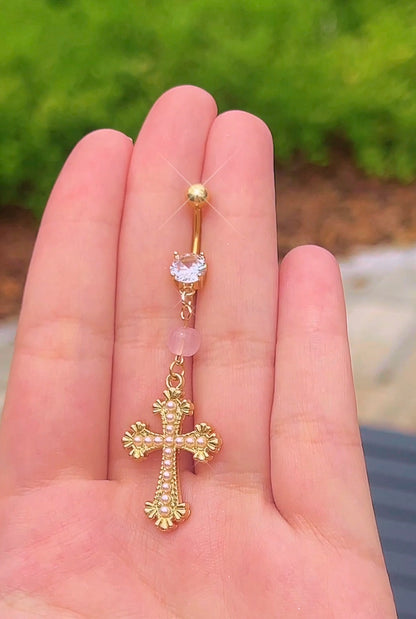 Rosary Pearl Cross Belly Ring