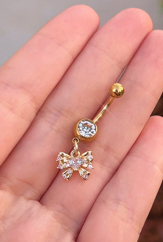 Tiny Gold Heart Bow Belly Ring