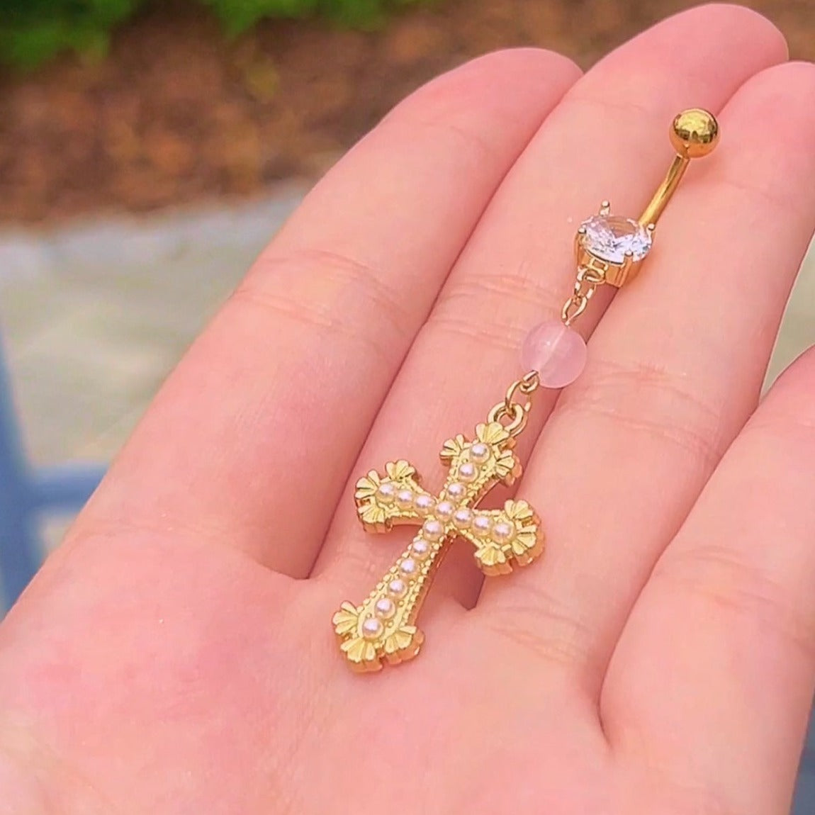 Rosary Pearl Cross Belly Ring