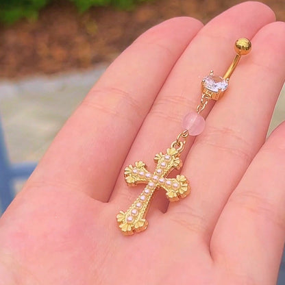 Rosary Pearl Cross Belly Ring
