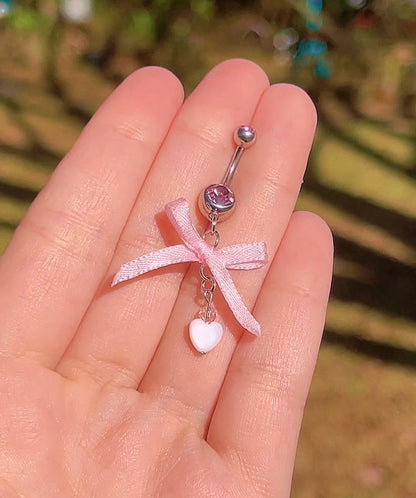 Dainty Bow & Pearl Heart Belly Ring