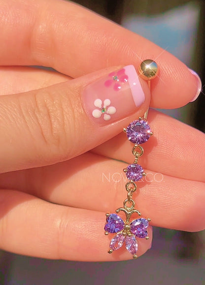 Purple Dangly Bow Belly Button Ring in Gold