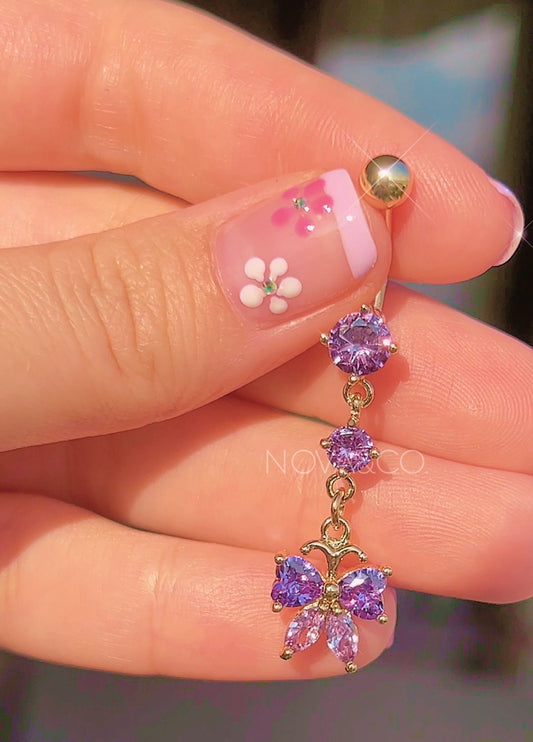 Purple Dangly Bow Belly Button Ring in Gold