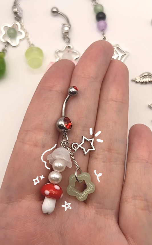 Chunky mushroom dangly belly ring with jade flower and star charm 10mm 14g
