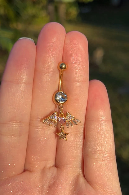 Gold Angel Heart & Star Belly Ring