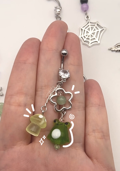 Handmade Frog charm belly ring with a green mushroom