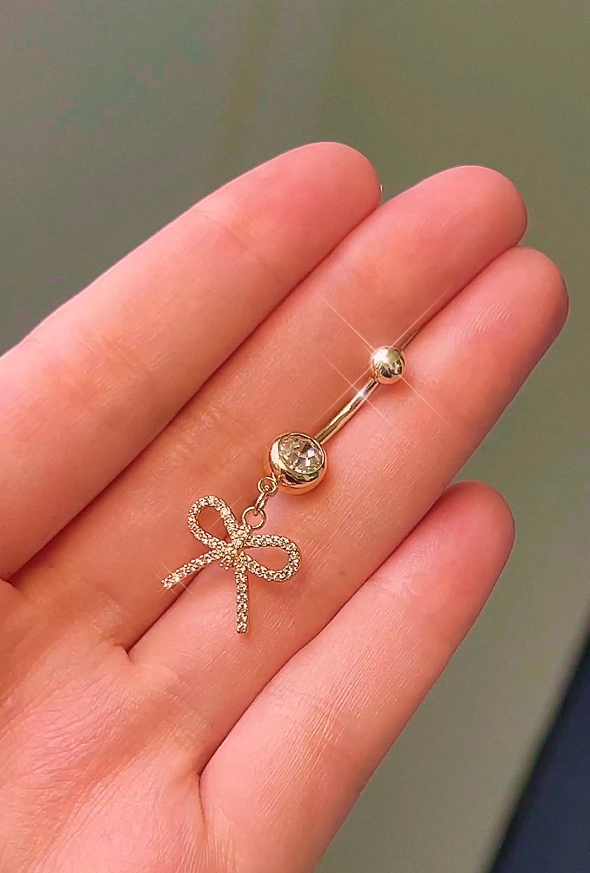 Gold dangle sparkly belly button ring. 14G 10MM Belly bar, Navel piercing