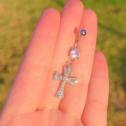 Pearl Cross Dangly Belly Button Ring