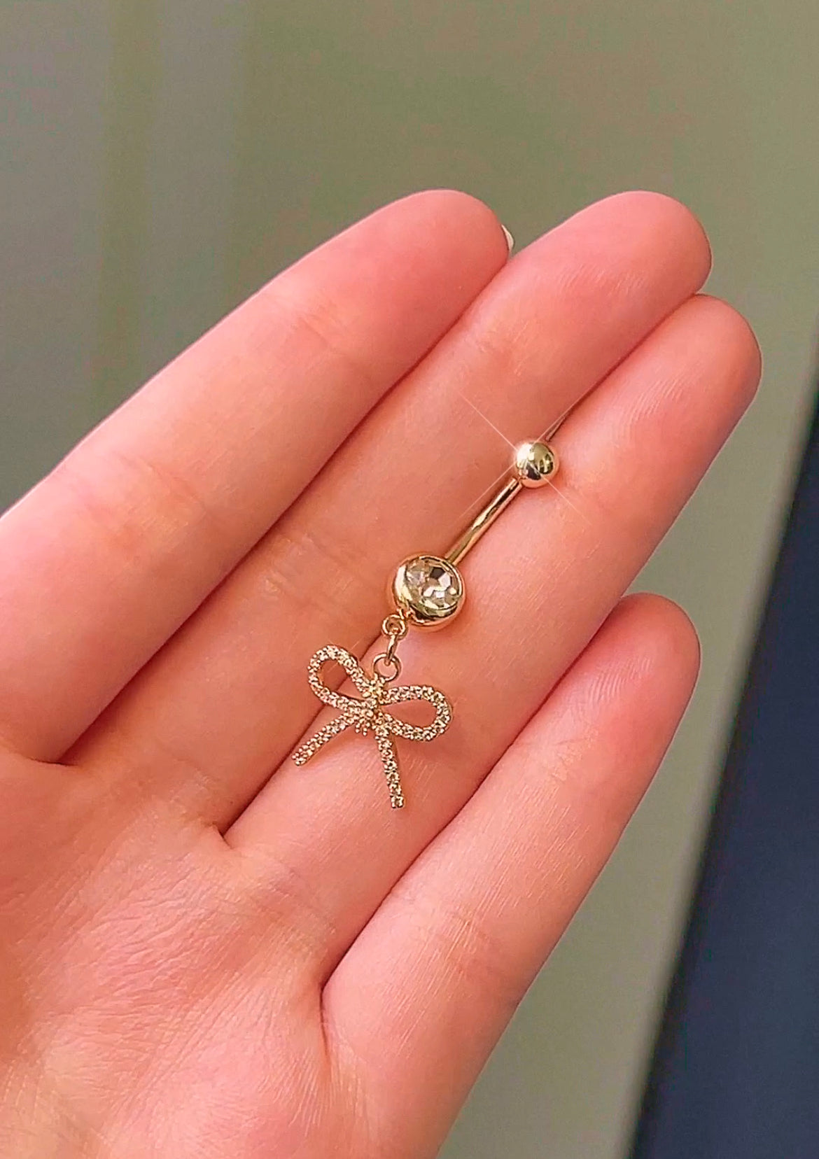 Gold dangle sparkly belly button ring. 14G 10MM Belly bar, Navel piercing