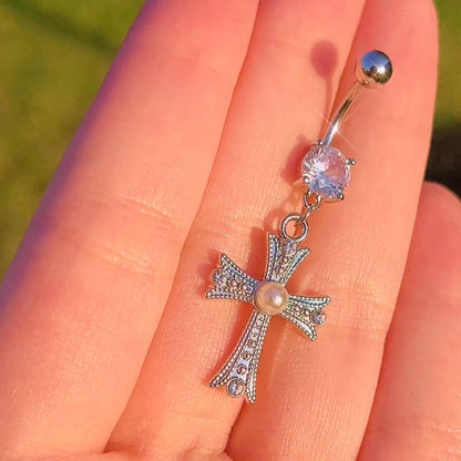 Pearl Cross Dangly Belly Button Ring