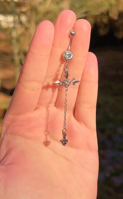 Cross Chain Long Dangle Belly Button Ring