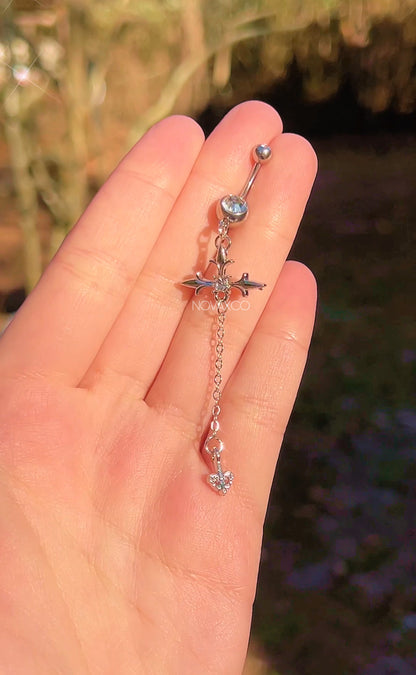 Cross Chain Long Dangle Belly Button Ring