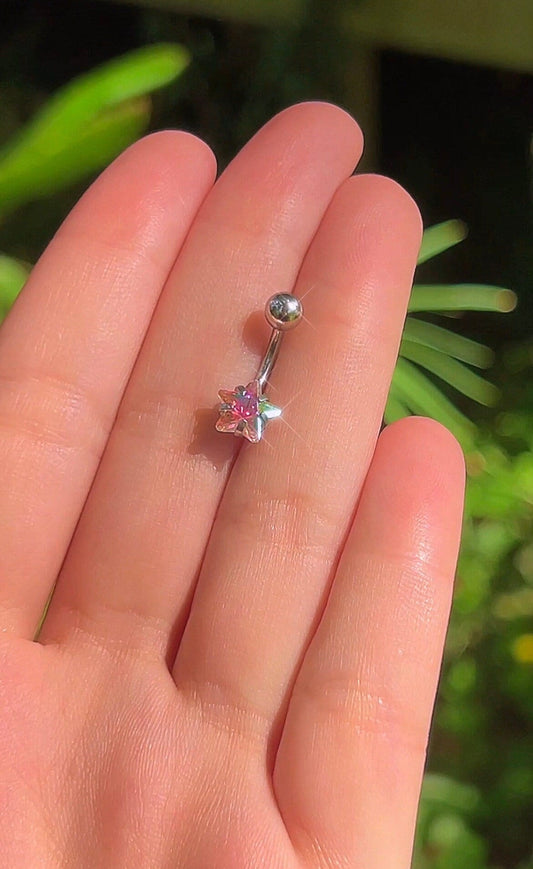 Tiny opal star belly button ring, non dangle 14G 10MM