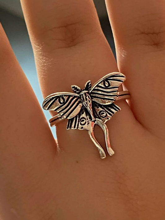 Silver moth ring, cottagecore aesthetic jewelry